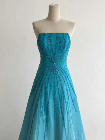 Niulatu Strapless A-Line Long Prom Dresses Beaded Chiffon Blue Formal Dresses Vintage Evening Dresses HZ1026